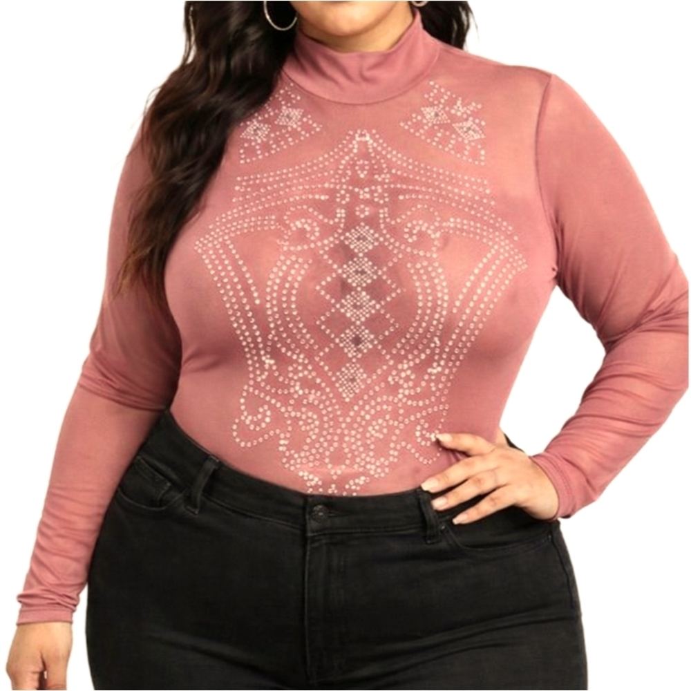 NWOT IRIS Studded Sheer Mesh Long Sleeve Bodysuit Top Juniors 2XL Dusty Rose